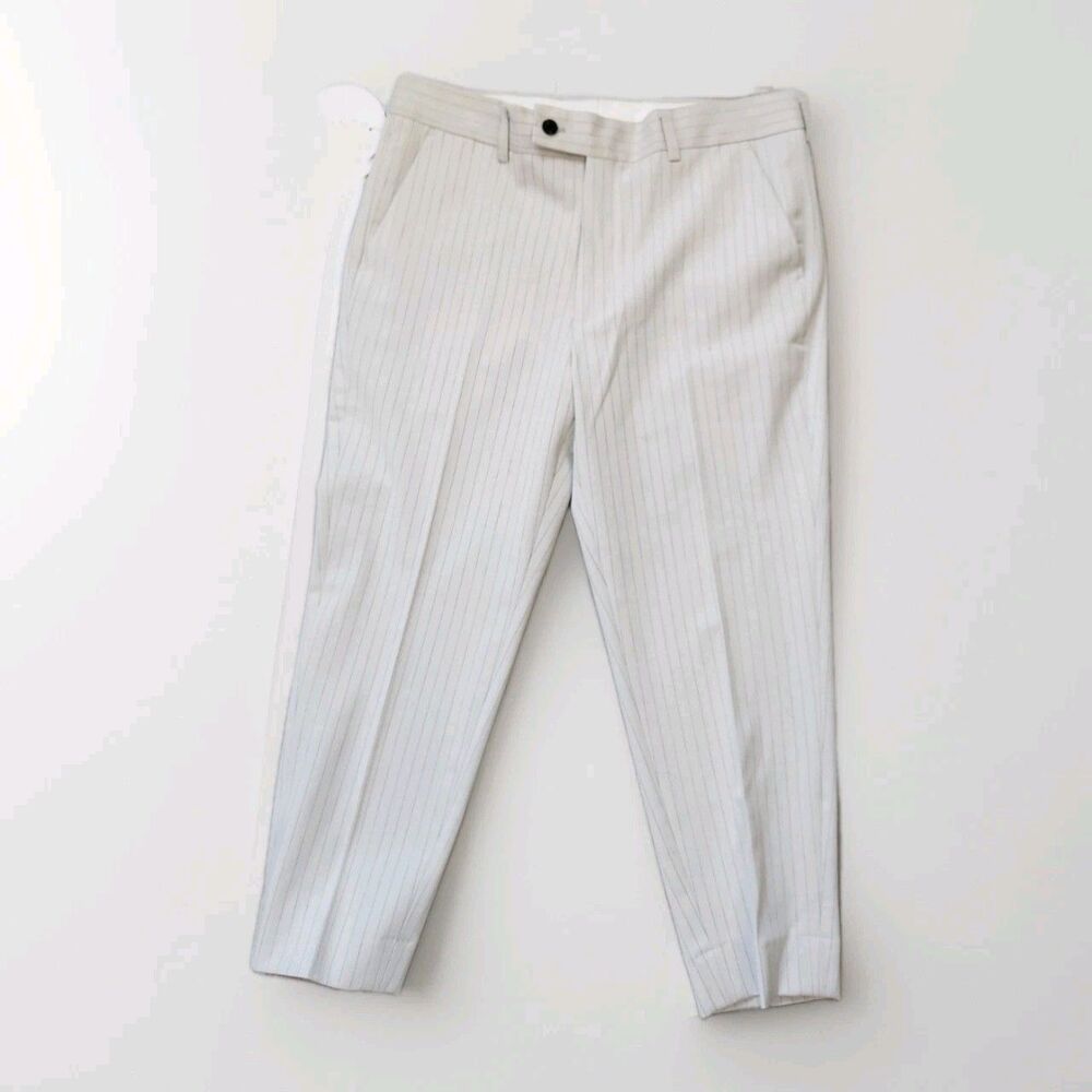 NWT Beige Gray Pinstripe Trouser Dress Pants High Waist Tapered Leg Women 33 2XL